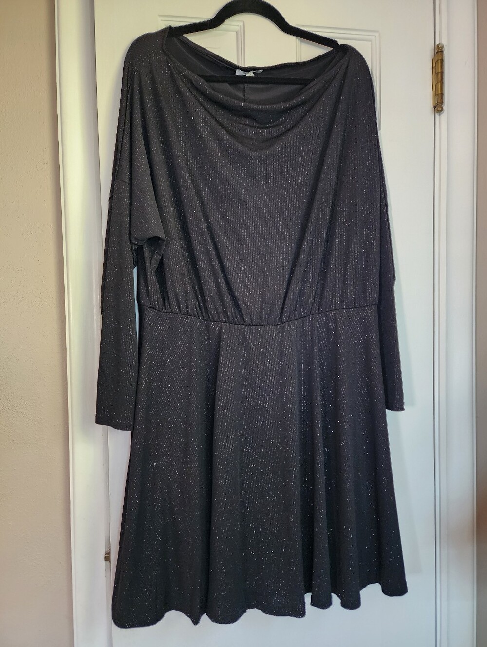 White Birch 2x Sparkle Black Long-Sleeve Fit & Flare Dress